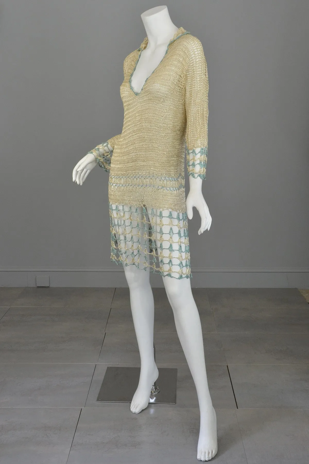 1920s Cream and Aqua Vintage Crochet Flapper Dress