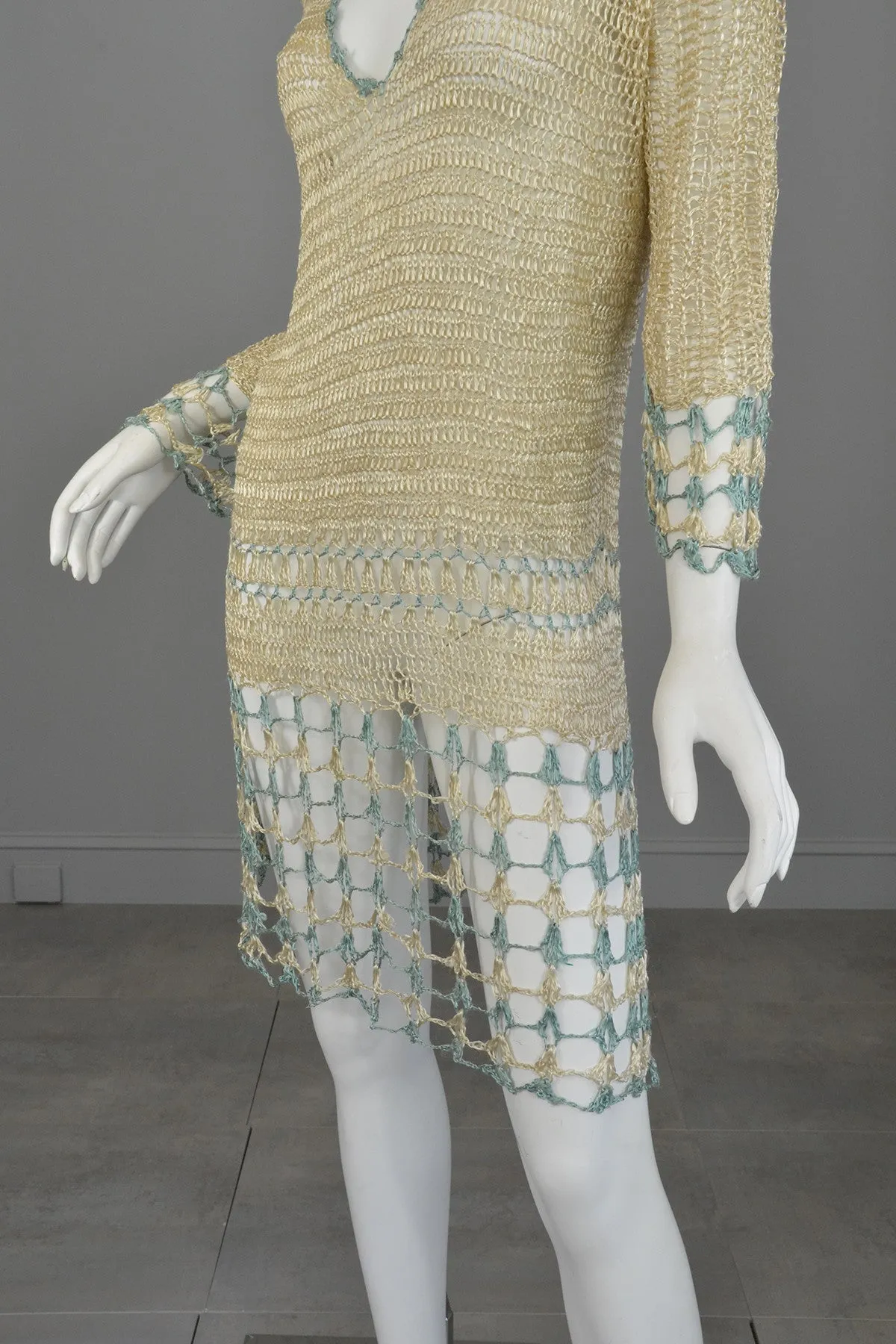 1920s Cream and Aqua Vintage Crochet Flapper Dress