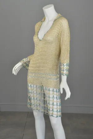 1920s Cream and Aqua Vintage Crochet Flapper Dress