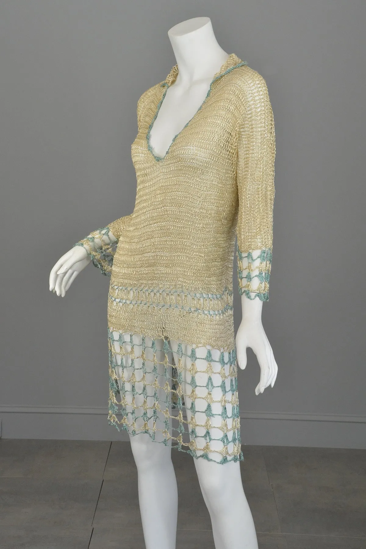 1920s Cream and Aqua Vintage Crochet Flapper Dress