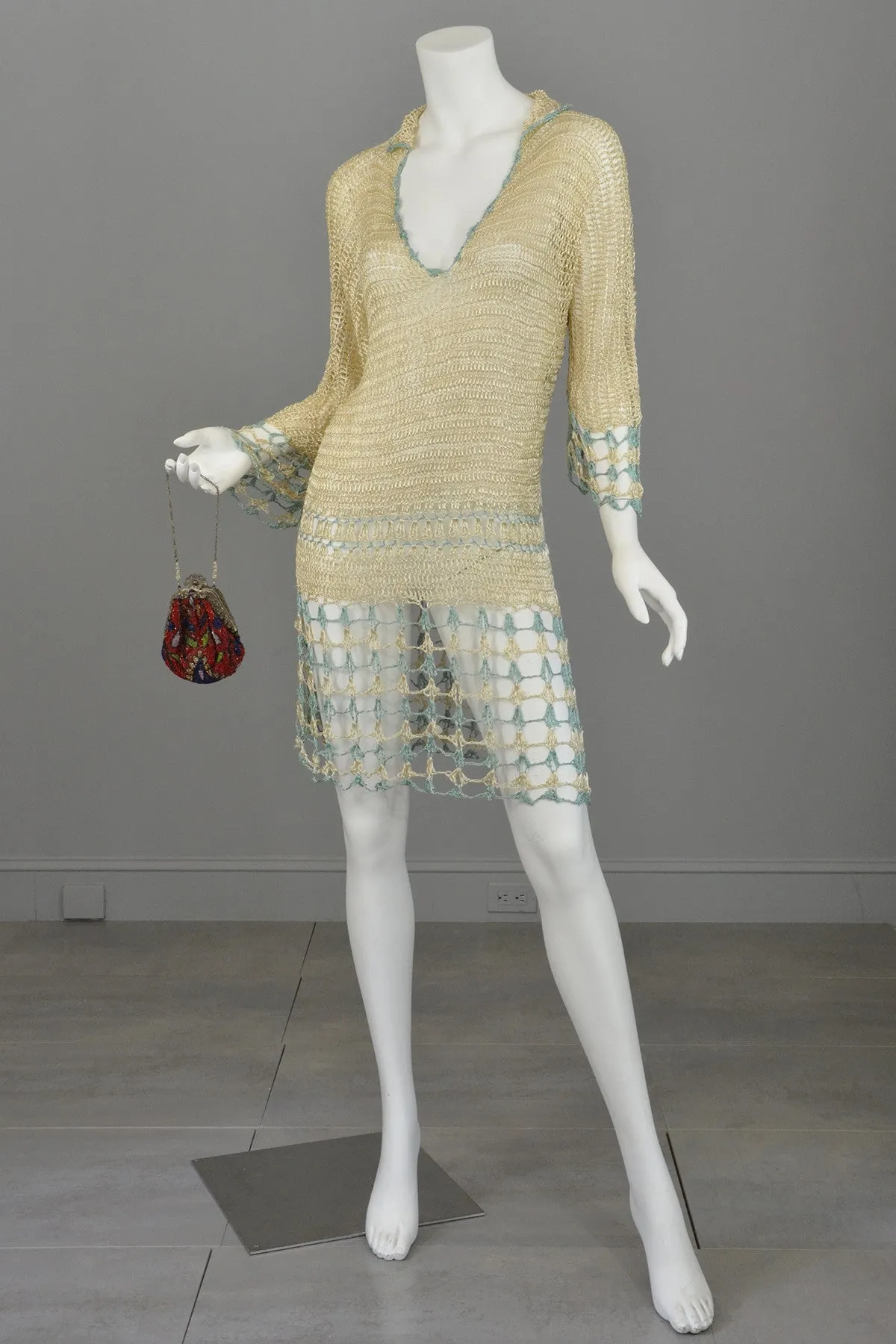 1920s Cream and Aqua Vintage Crochet Flapper Dress