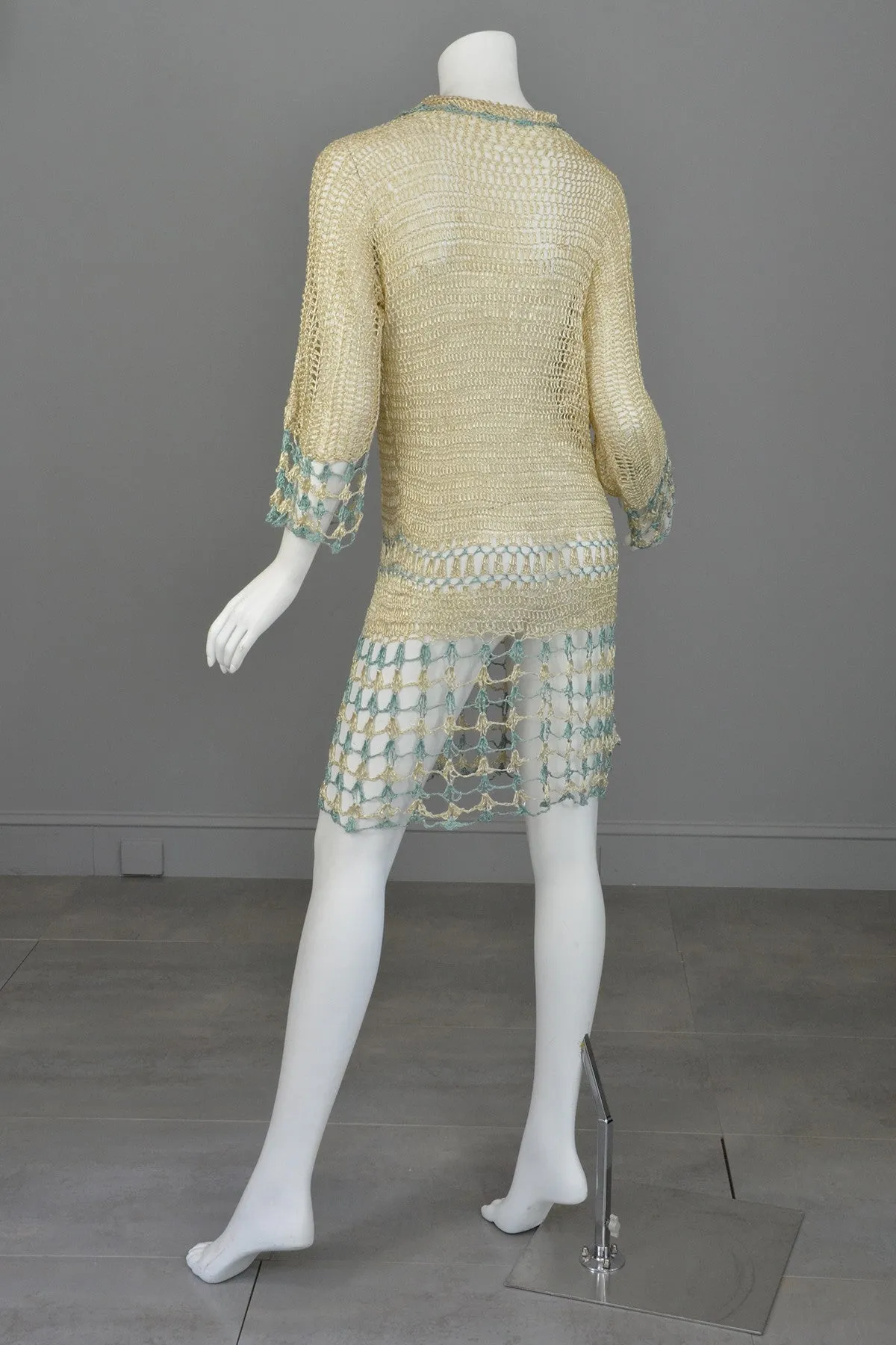 1920s Cream and Aqua Vintage Crochet Flapper Dress