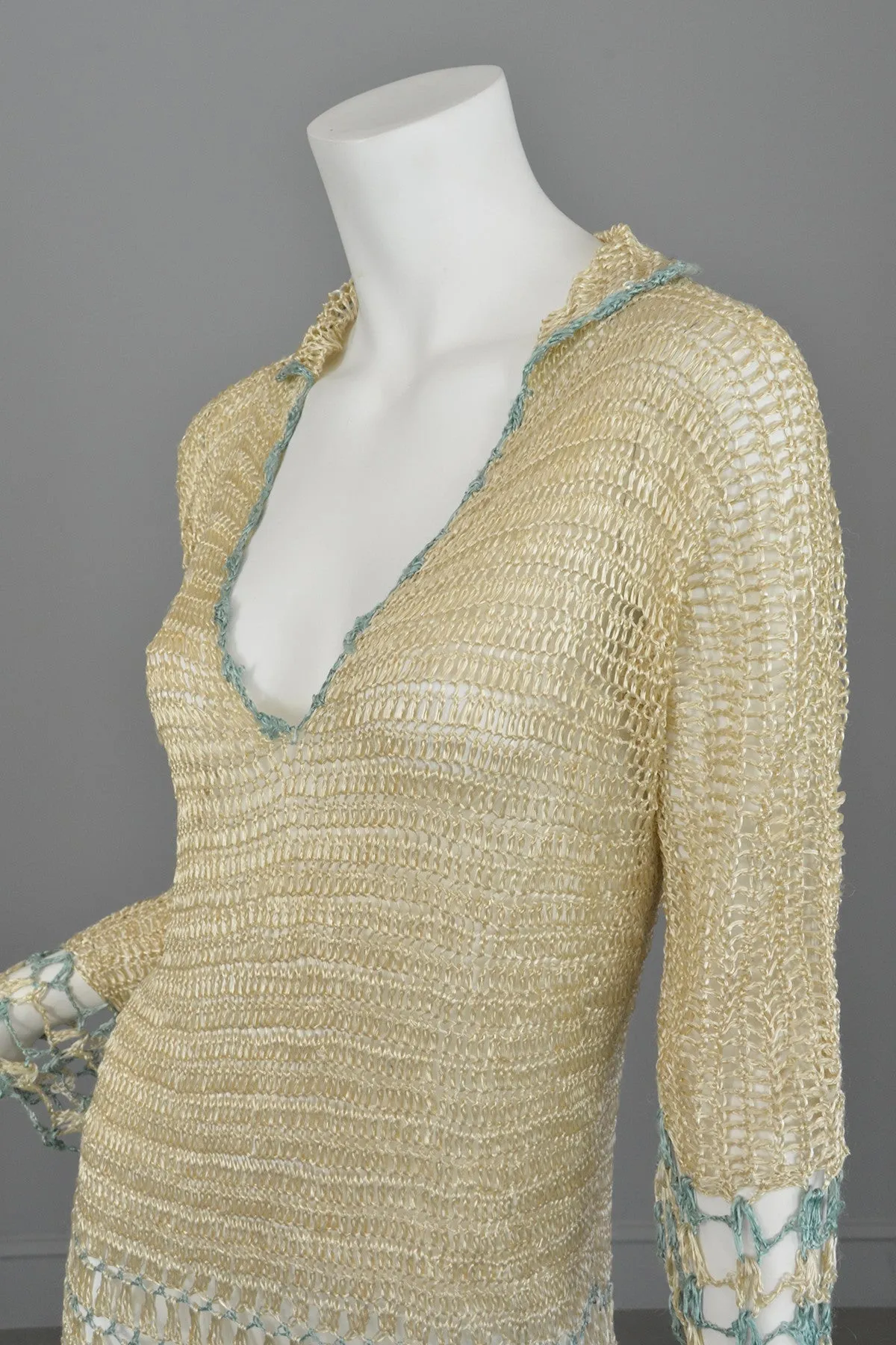 1920s Cream and Aqua Vintage Crochet Flapper Dress