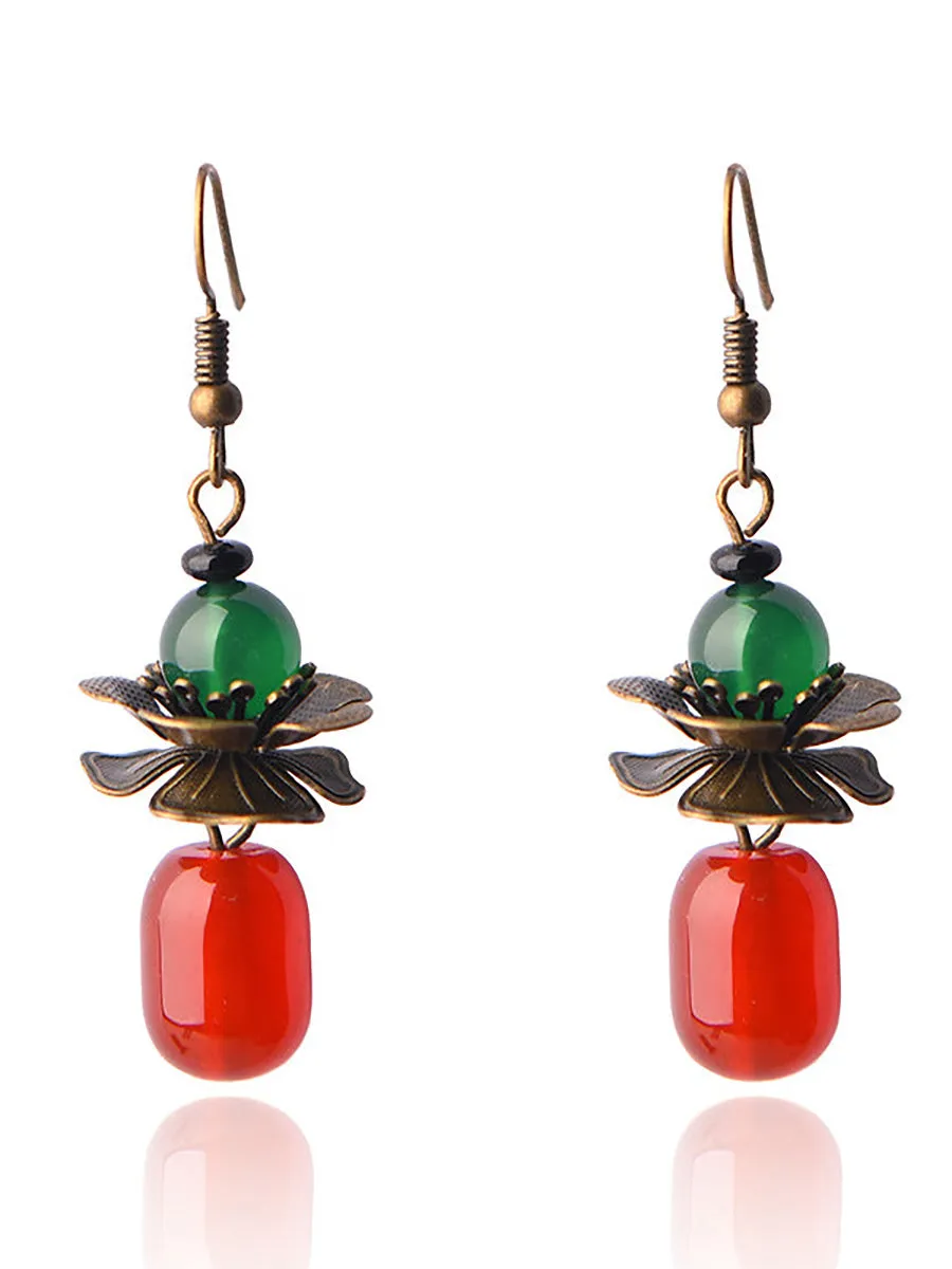 (2 Pairs )Retro Alloy Flower Red Agate Earrings