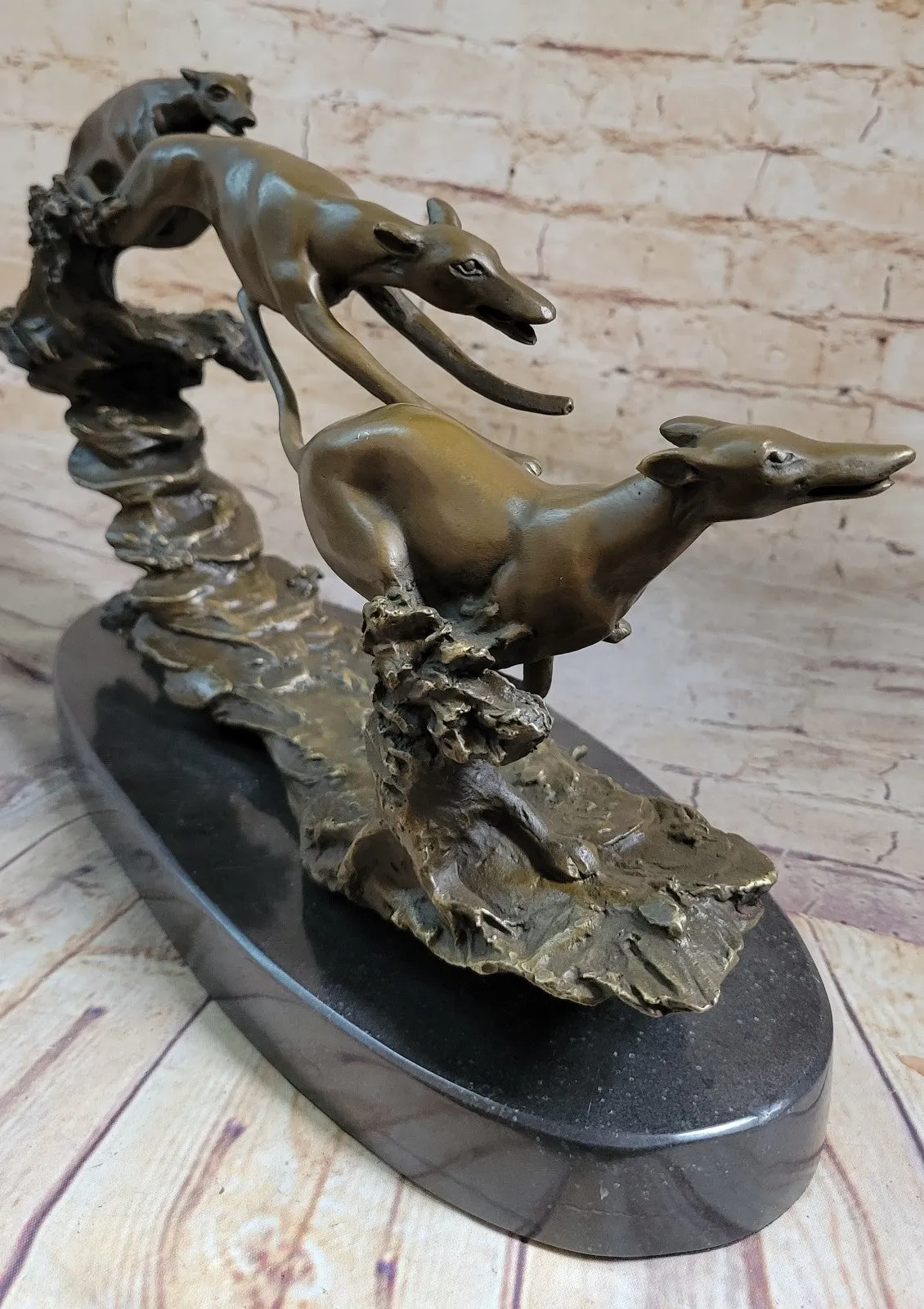 Art Deco Original Hot Cast Greyhound Dog Dogs Bronze Sculpture Marble Statue LRG