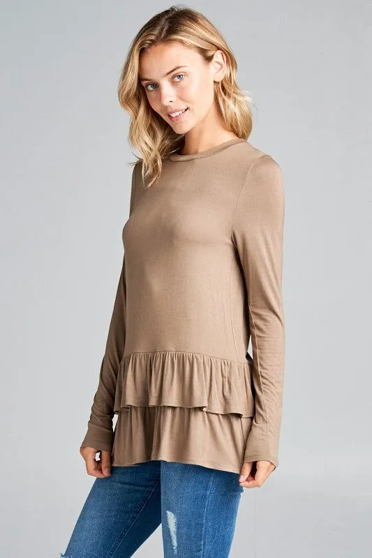 E Luna Ruffle Bottom Long Sleeve Round Neck Tunic Top