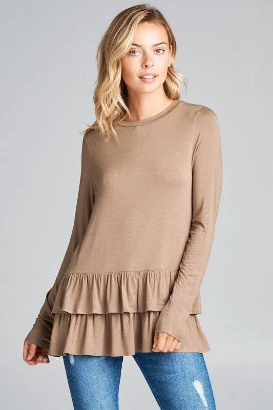 E Luna Ruffle Bottom Long Sleeve Round Neck Tunic Top