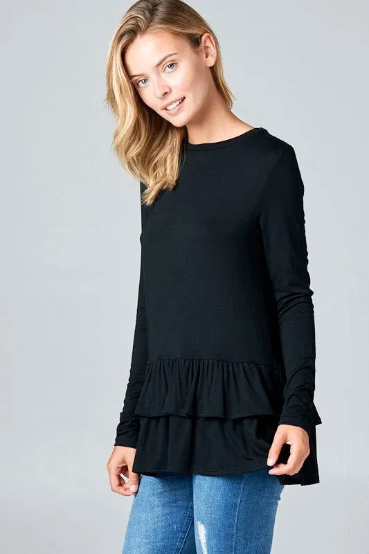 E Luna Ruffle Bottom Long Sleeve Round Neck Tunic Top