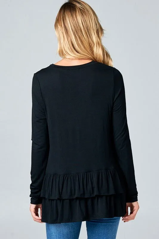 E Luna Ruffle Bottom Long Sleeve Round Neck Tunic Top