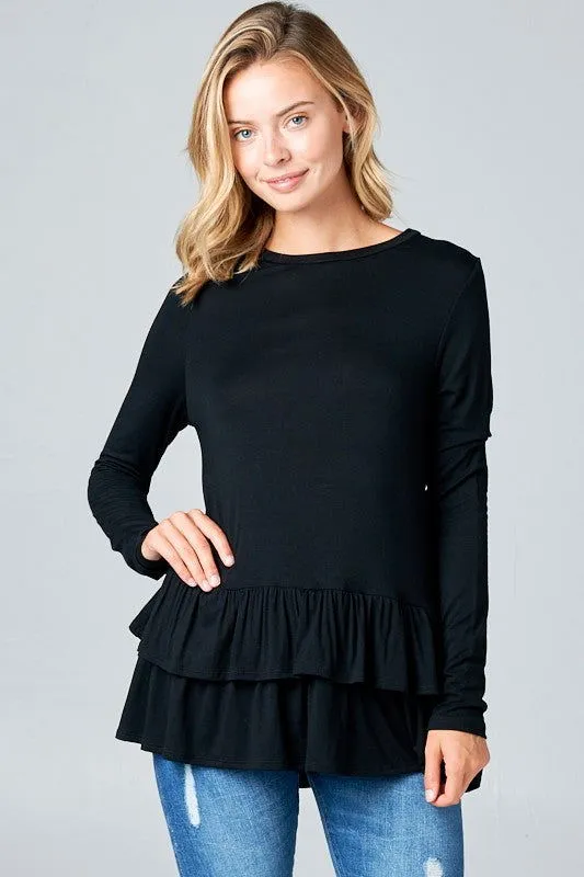 E Luna Ruffle Bottom Long Sleeve Round Neck Tunic Top