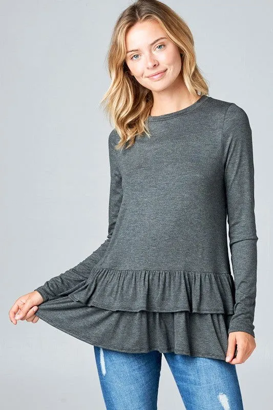 E Luna Ruffle Bottom Long Sleeve Round Neck Tunic Top