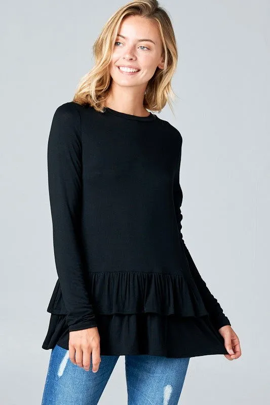 E Luna Ruffle Bottom Long Sleeve Round Neck Tunic Top