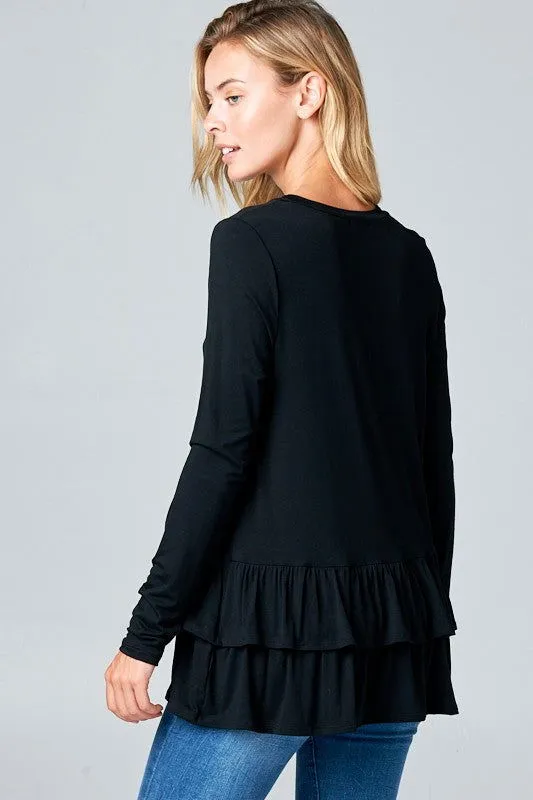 E Luna Ruffle Bottom Long Sleeve Round Neck Tunic Top