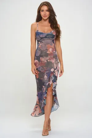 Floral Ruffle Slit Maxi Dress