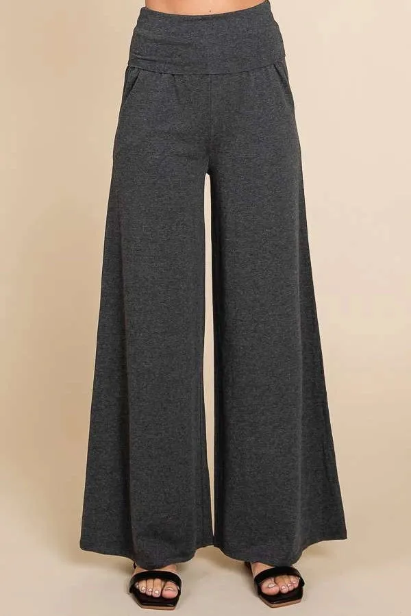 Fold Over Waist Charcoal Palazzo Wide Leg Pants