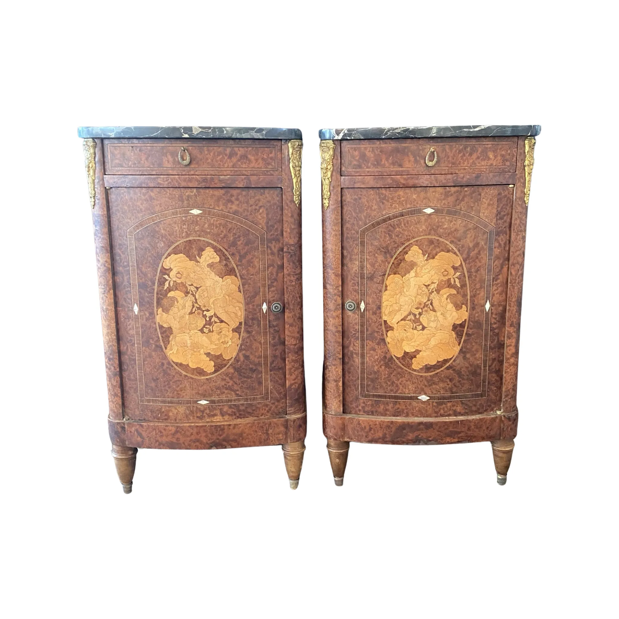 French Antique Pair of Marble Top Burlwood Inlaid Nightstands or Side Tables with Figural Marquetry