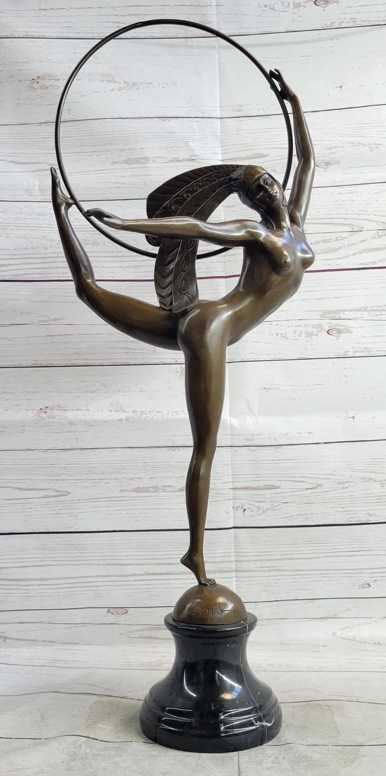 FRENCH SIGNED MORANTE HOOP DANCER BRONZE SCULPTURE ART DECO MARBLE BASE FIGURINE