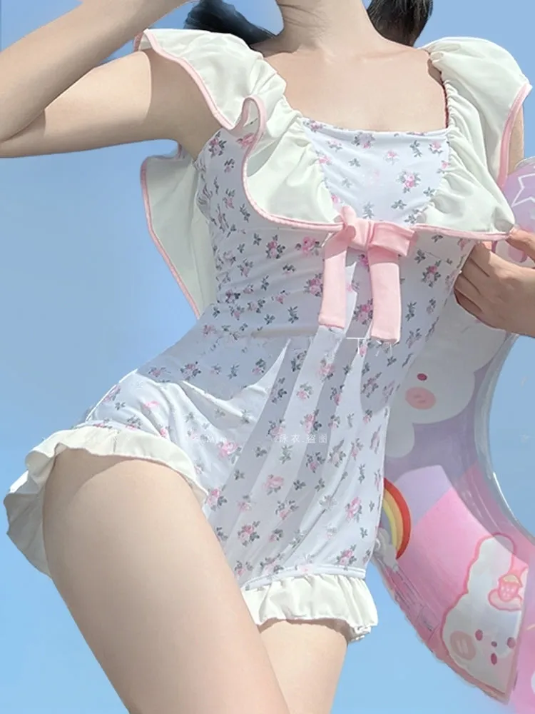 High-Value Swimsuit New Cute Girl Soft Sister Pink And Tender One-Piece Ruffled Floral