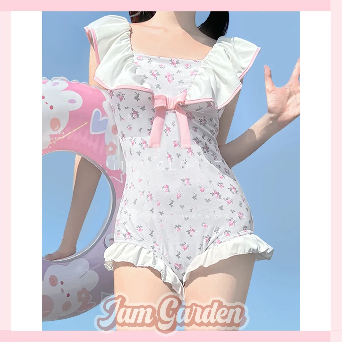 High-Value Swimsuit New Cute Girl Soft Sister Pink And Tender One-Piece Ruffled Floral