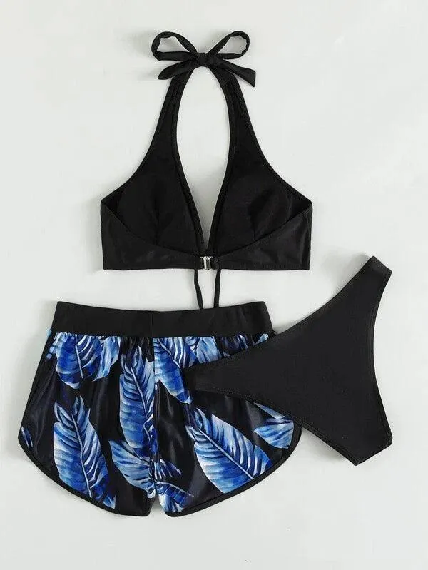 Leaf Print Bikini With Shorts Fashion Swimsuit Womens Clothing