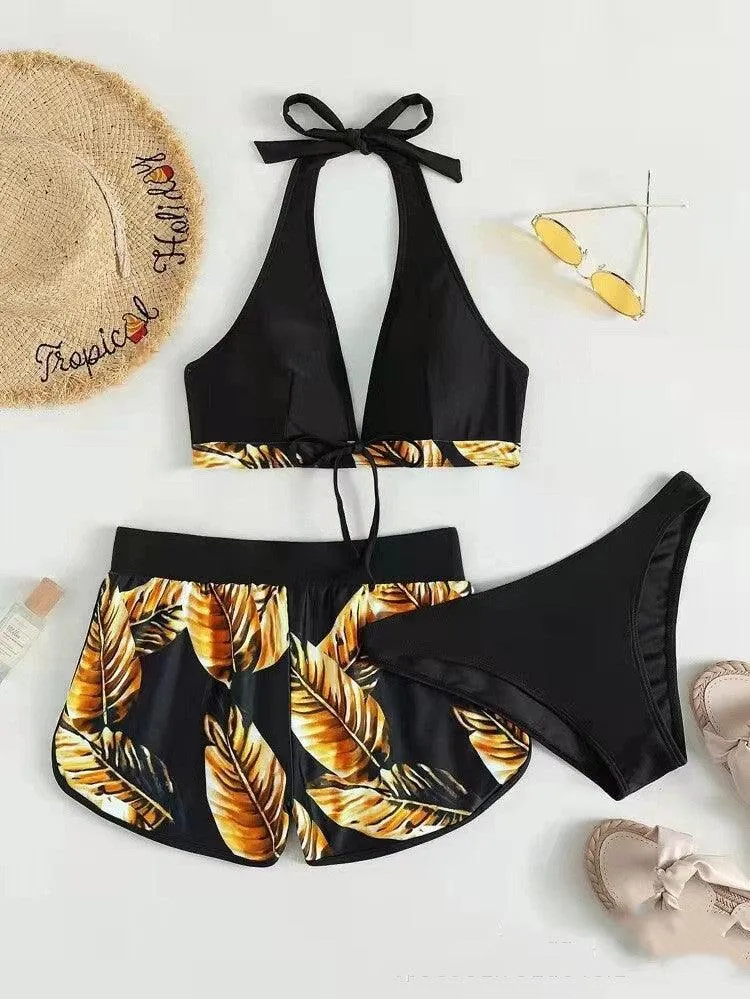 Leaf Print Bikini With Shorts Fashion Swimsuit Womens Clothing