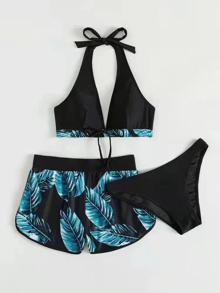 Leaf Print Bikini With Shorts Fashion Swimsuit Womens Clothing