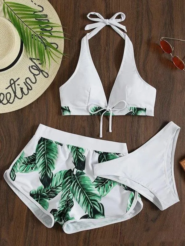 Leaf Print Bikini With Shorts Fashion Swimsuit Womens Clothing