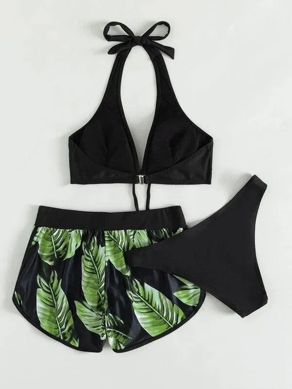 Leaf Print Bikini With Shorts Fashion Swimsuit Womens Clothing