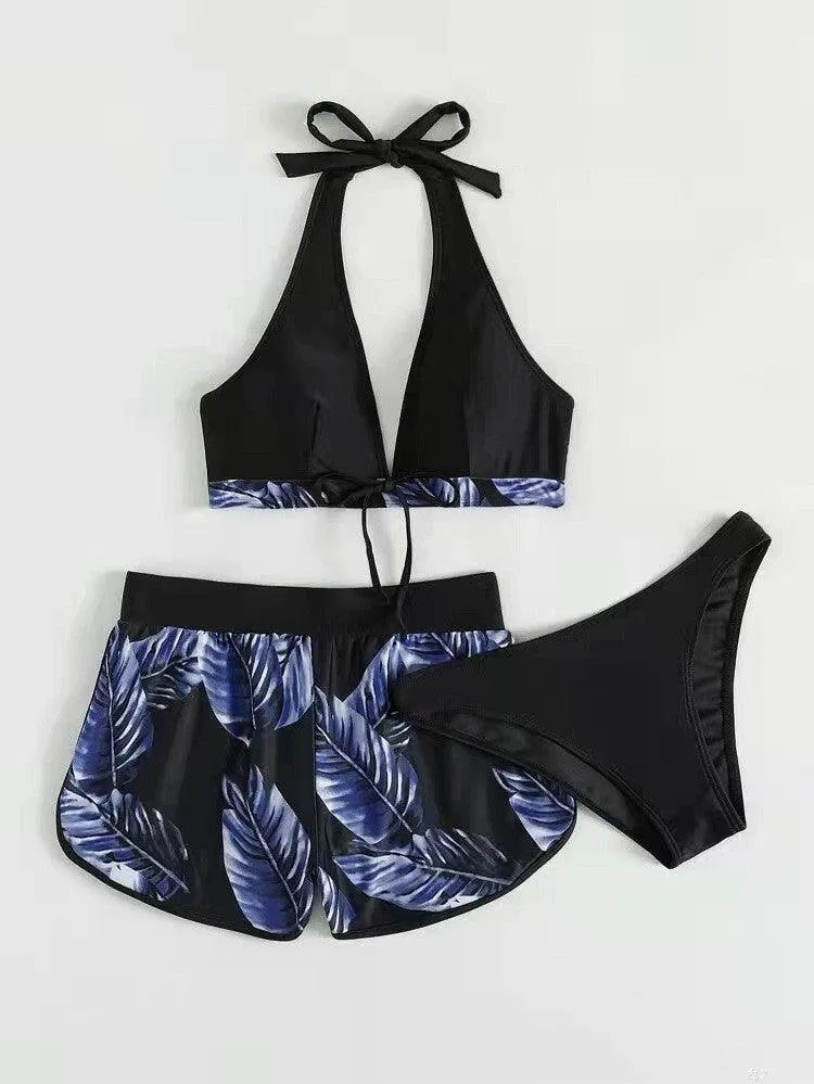 Leaf Print Bikini With Shorts Fashion Swimsuit Womens Clothing