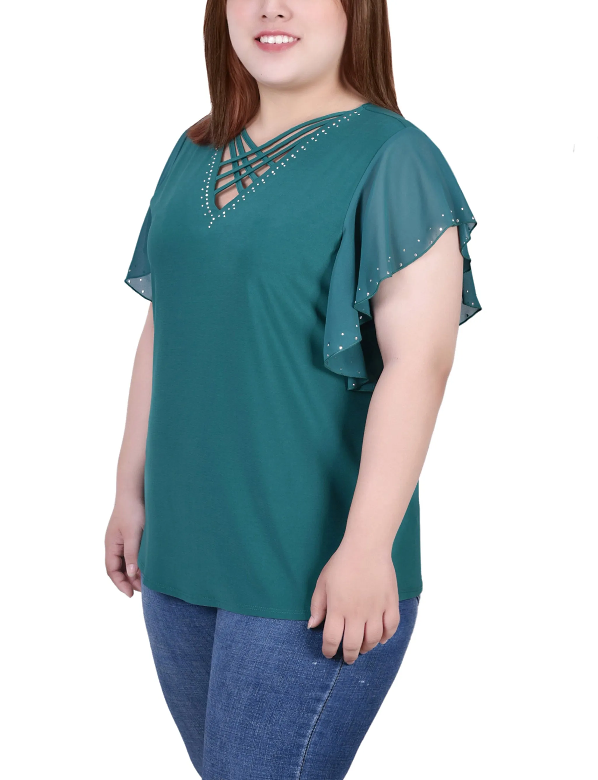 Plus Size Flutter Sleeve Top With Criss Cross Strips