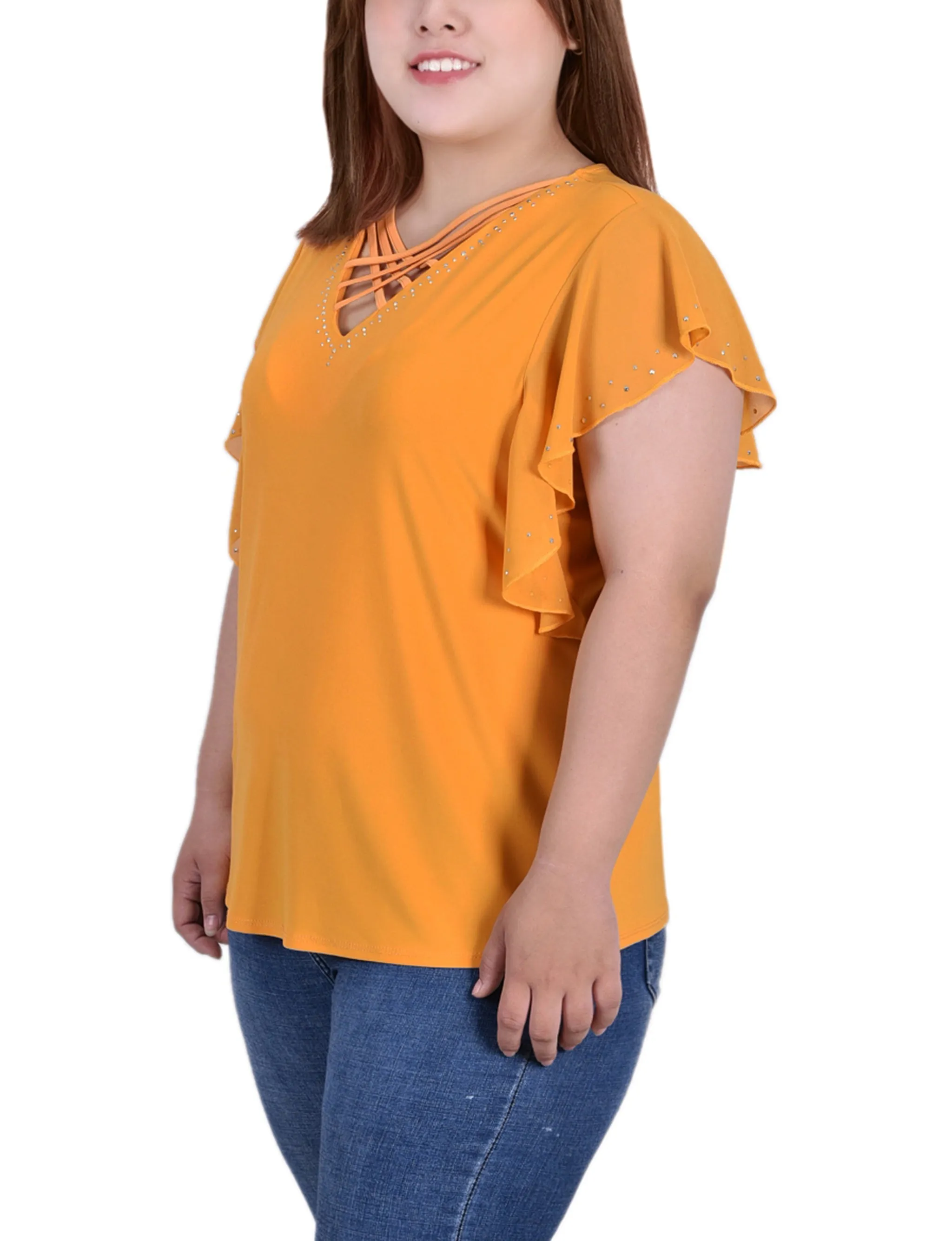 Plus Size Flutter Sleeve Top With Criss Cross Strips