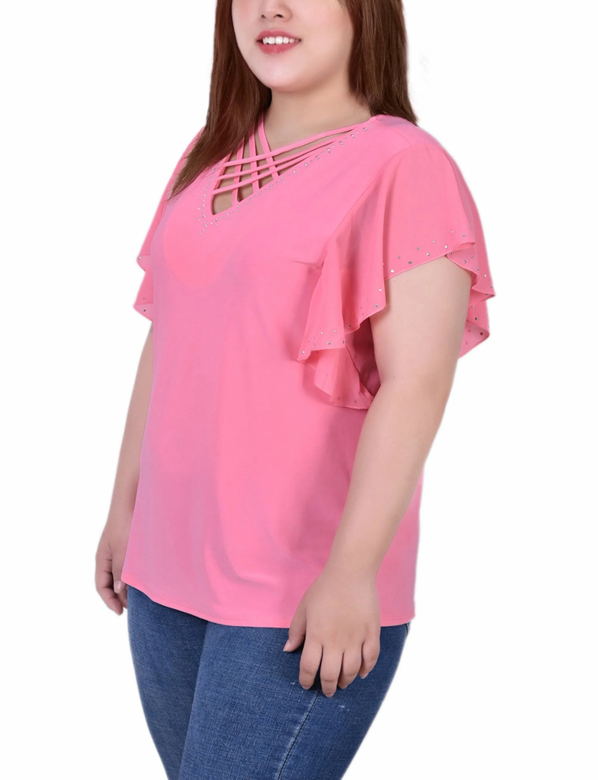 Plus Size Flutter Sleeve Top With Criss Cross Strips