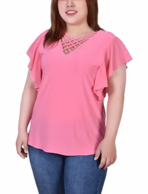 Plus Size Flutter Sleeve Top With Criss Cross Strips