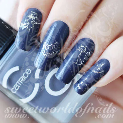 Silver Halloween Nails Witch cats Nail Water Decals