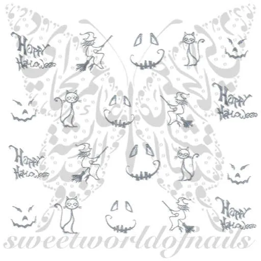 Silver Halloween Nails Witch cats Nail Water Decals