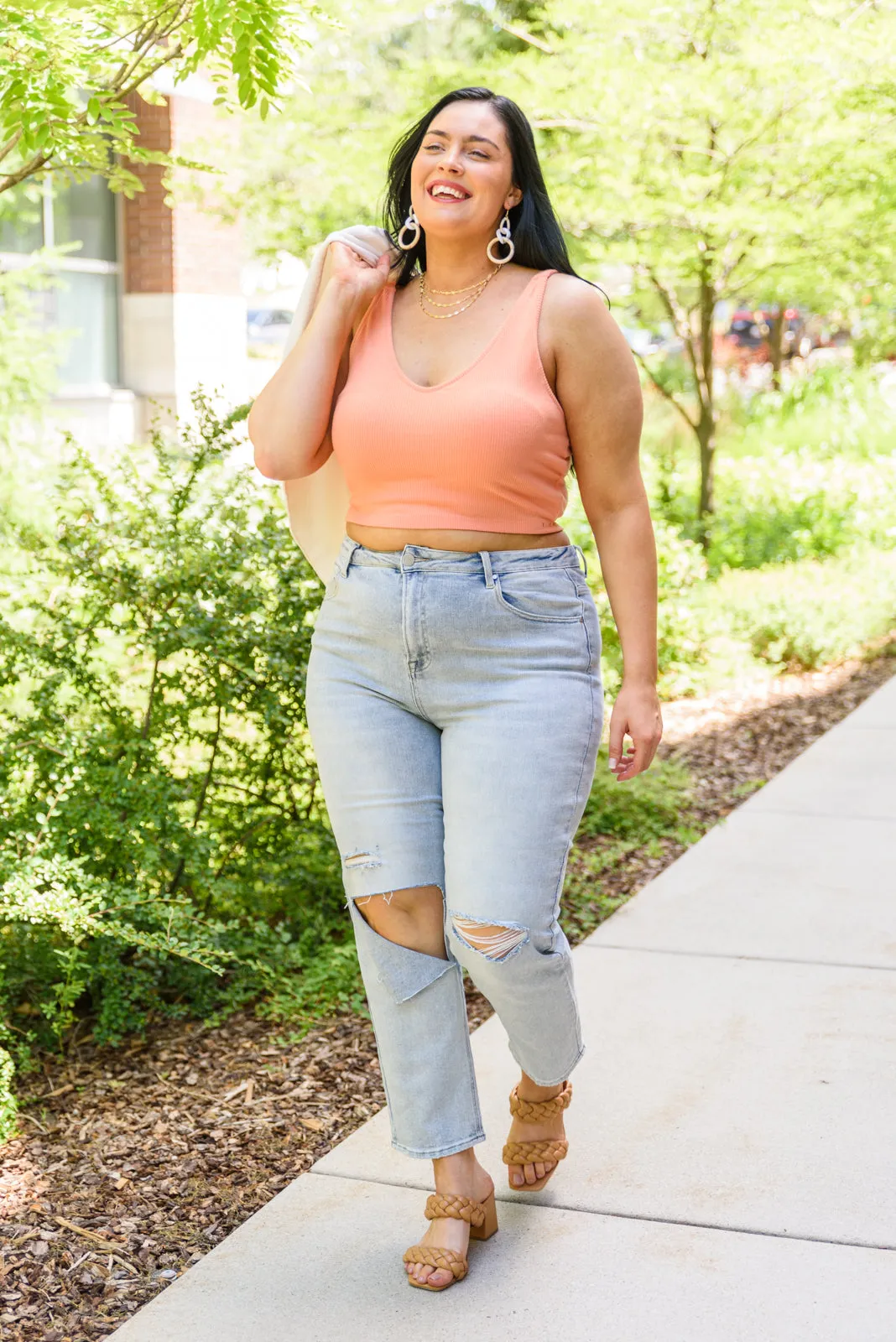 Tell Me More Ribbed Crop Top In Coral with Built in Bra!