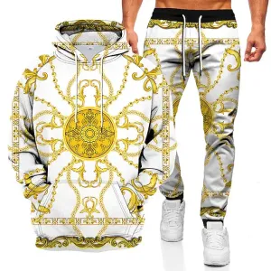 Tracksuit Hoodies Set Hooded Graphic Chains Print 2 Piece Print Sports & Outdoor Casual Sports 3D Print Basic Streetwear Sportswear Clothing Apparel Hoodies Sweatshirts Long Sleeve Gold Red