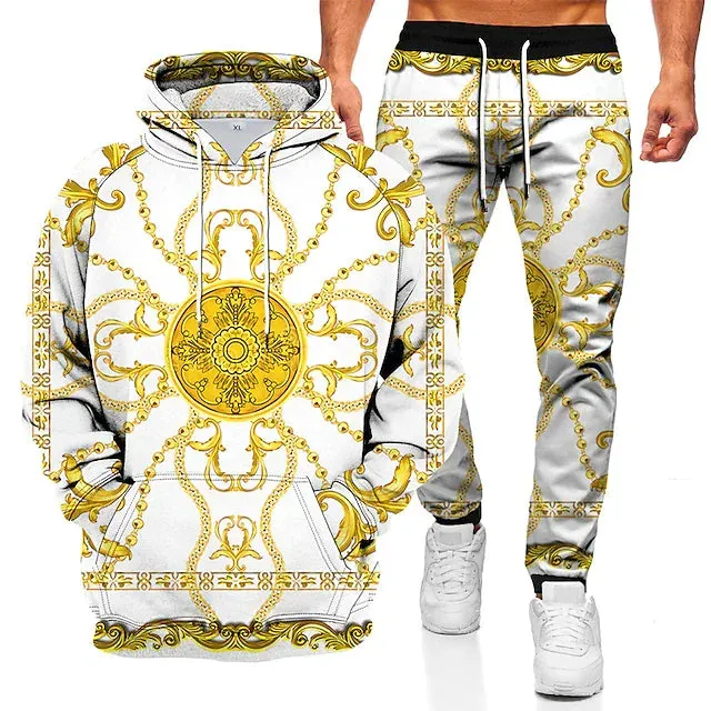 Tracksuit Hoodies Set Hooded Graphic Chains Print 2 Piece Print Sports & Outdoor Casual Sports 3D Print Basic Streetwear Sportswear Clothing Apparel Hoodies Sweatshirts Long Sleeve Gold Red