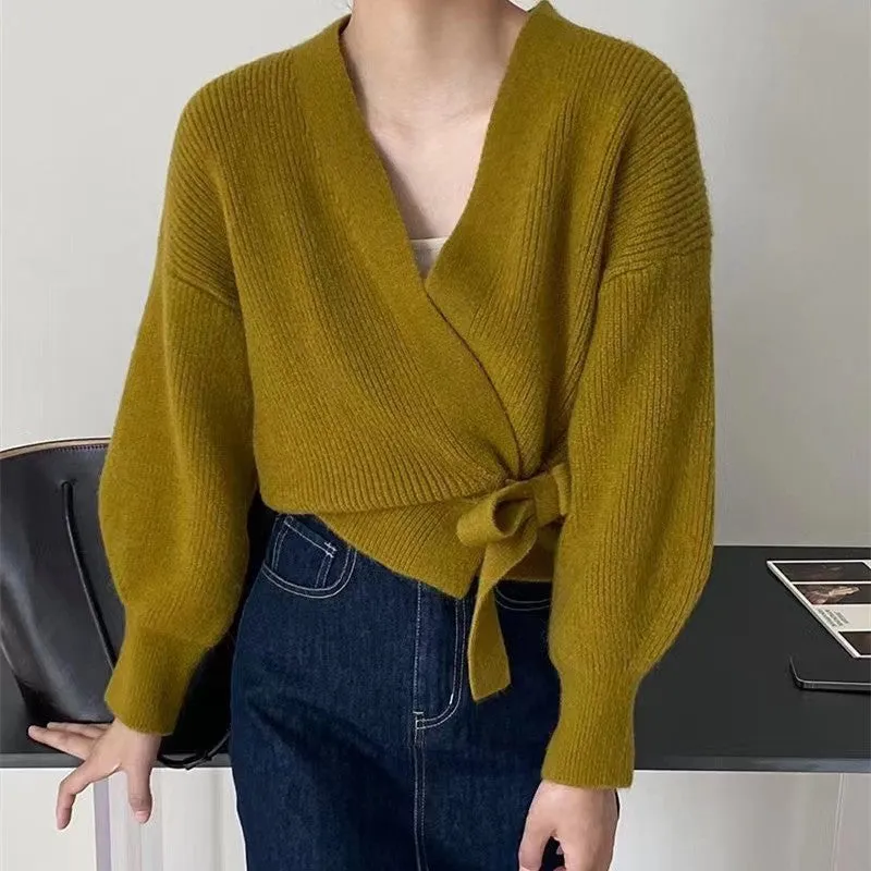 V-neck Bow Strap Women's Cardigan Sweater