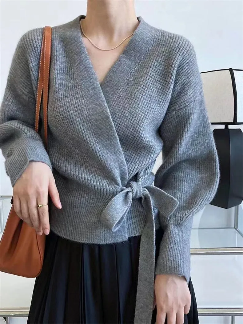 V-neck Bow Strap Women's Cardigan Sweater