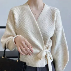 V-neck Bow Strap Women's Cardigan Sweater