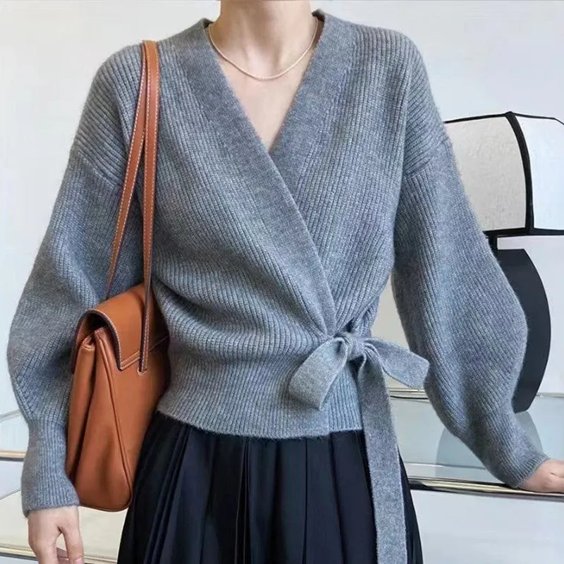 V-neck Bow Strap Women's Cardigan Sweater