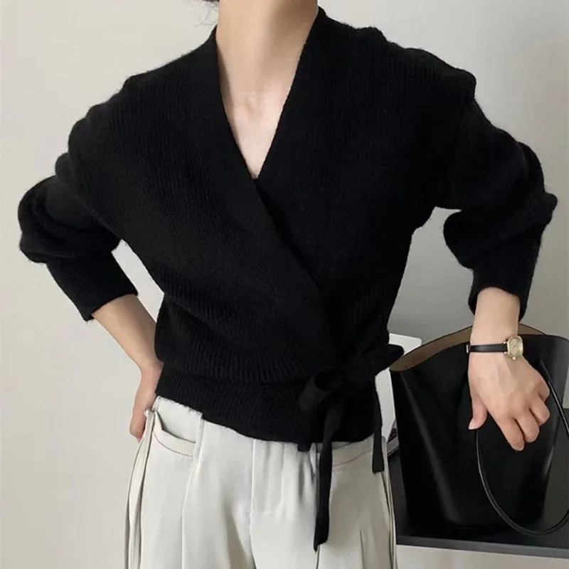 V-neck Bow Strap Women's Cardigan Sweater