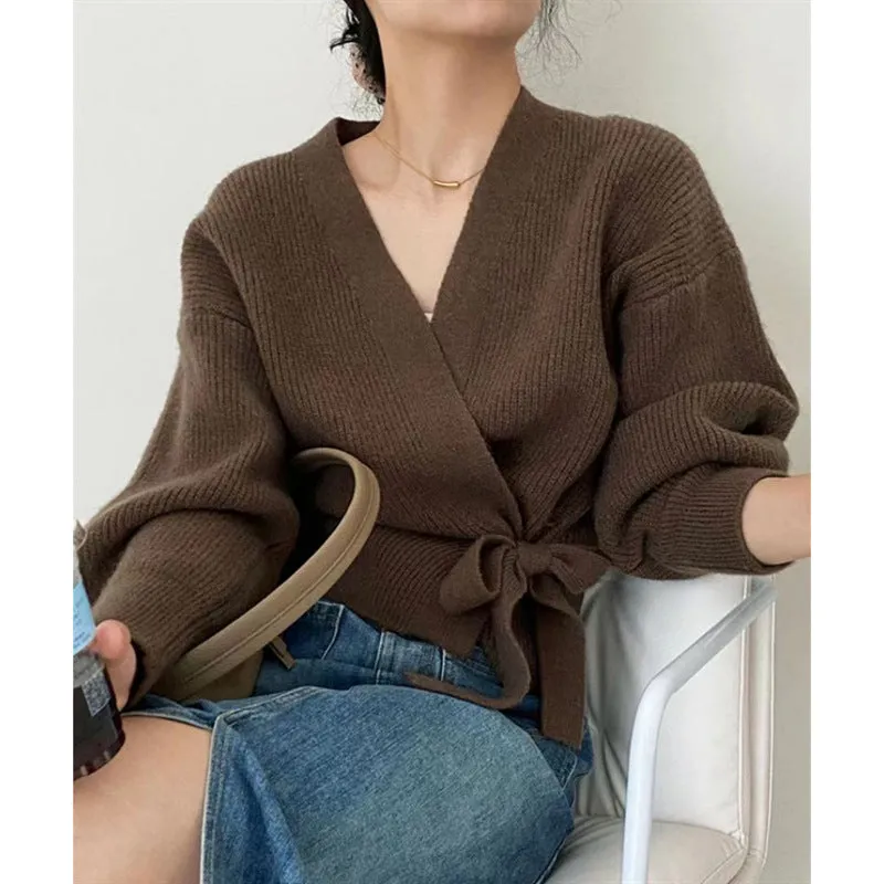 V-neck Bow Strap Women's Cardigan Sweater